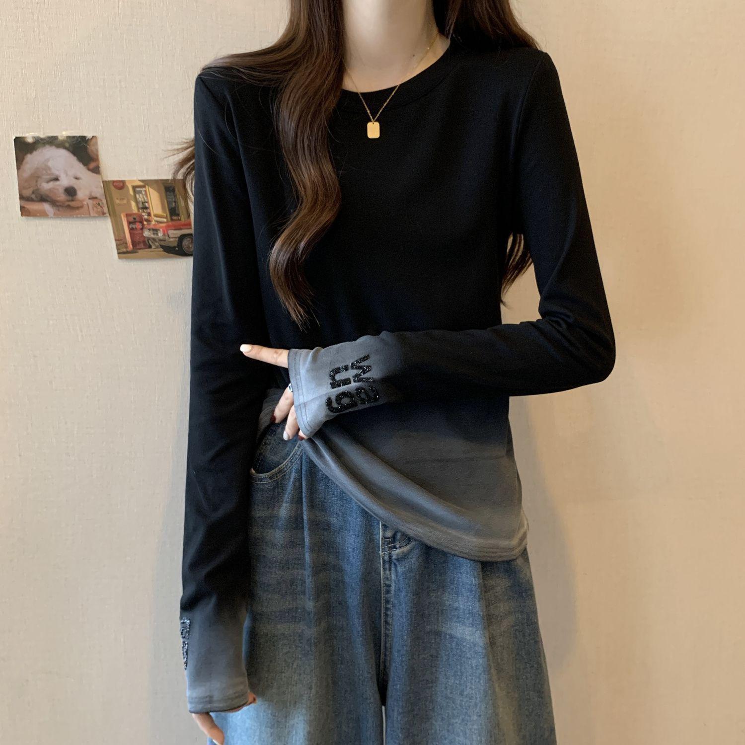 

Women s Plus Size Rhinestone Thermal Fleece Gradient Long-Sleeve Top - Autumn/Winter Slimming Base Layer 2XL