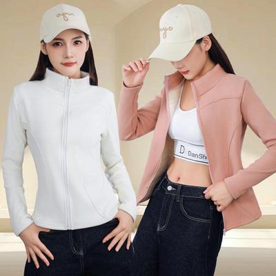 Damen Stehkragen Lammwoll Sportjacke - Herbst/Winter Kollektion 2025: Schlankmachendes Doppelbogen-Yoga-Top mit Reißverschluss