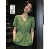 Demana Women's Pure Cotton V-neck Drawstring Short-Sleeve Shirt