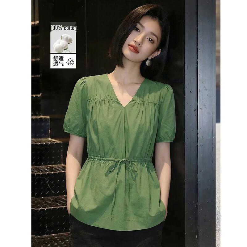 Demana Women s Pure Cotton V-neck Drawstring Short-Sleeve Shirt XL