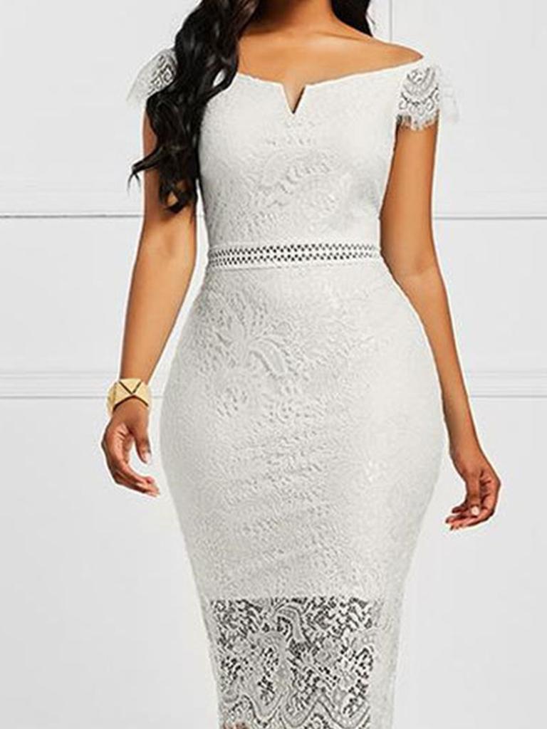 Ready-Made Evening Gowns, Short-Sleeved V-Neck Off-Shoulder Sexy Midi Bodycon Lace Dress