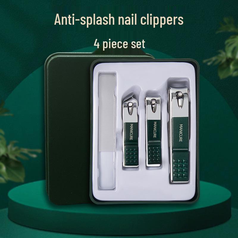 

Темно-зеленый портативный набор кусачек для ногтей с защитой от брызг - Набор для маникюра из четырех предметов с подарочной коробкой