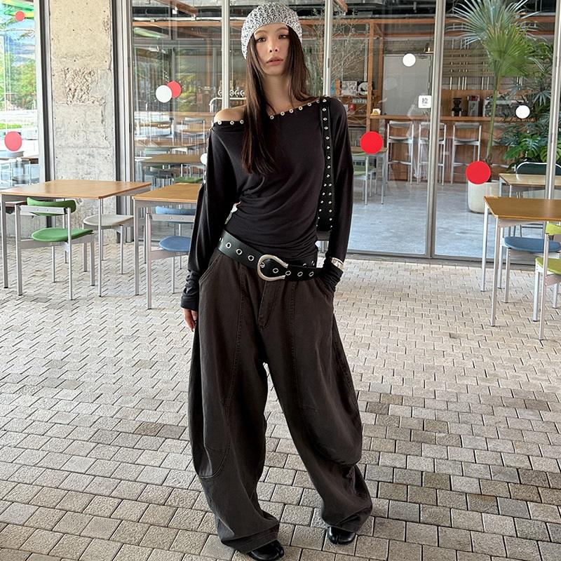 Fashionable Street Casual Shell Button Off-shoulder Long-sleeve High-stretch T-shirt
