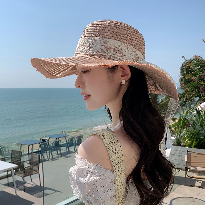 Sweet Breathable Lace Bowknot Straw Hat Adjustable Large Brim Wide Brim Sun Hat Elegant Korean Style Sunshade Cap Girls