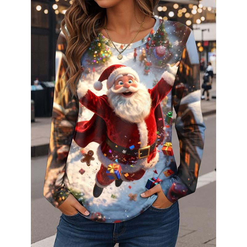 

Рождественская женская футболка с графикой Санта-Клауса, винтажная, модная, стильная, с длинным рукавом, с круглым вырезом, обычная, для повседневной носки и выходных 3XL