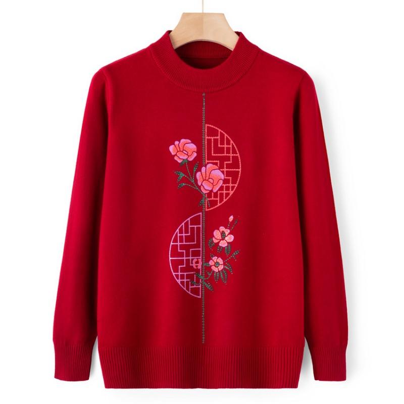Mom Autumn Knitted Sweater Top Medium and Old Autumn and Winter Crew Neck Bottoming Shirt Grandma Pullover Sweater Elderly Clothes