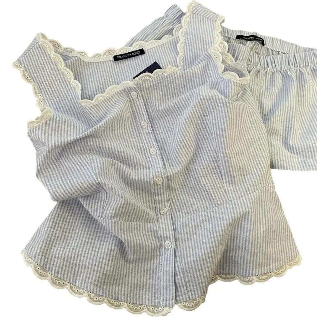 Striped Women Pajamas Summer Sleepwear Sleeveless Shorts Sets 2 Pieces Lace Night Wears Tank Korean Sleeping Home Suit