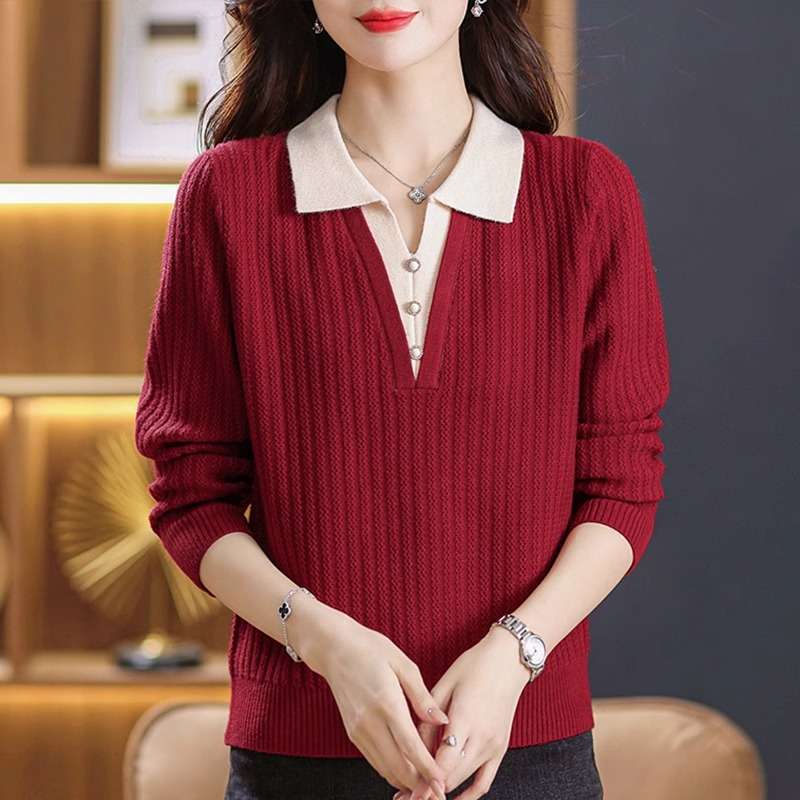 2in 1 Colorblock Collared Knitted Pullover, Casual Long Sleeve Button Front Top for Spring & Fall, Women's Clothing