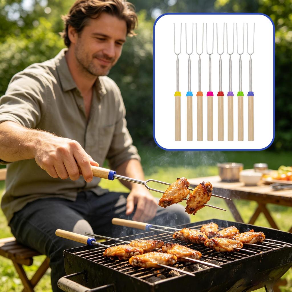 Stainless Steel Telescopic Barbecue Forks Set with Wooden Handles U Shaped Skewers for Outdoor Grilling Roasting Marshmallows Hot Dogs Camping BBQ
