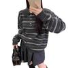 Women's Retro Grey Striped Polo Sweater - Autumn/Winter Loose Knit Top
