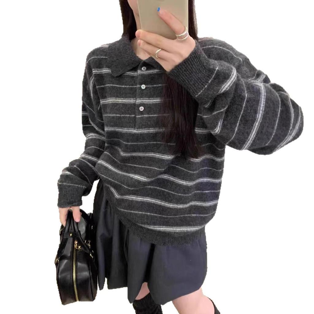 Women's Retro Grey Striped Polo Sweater - Autumn/Winter Loose Knit Top