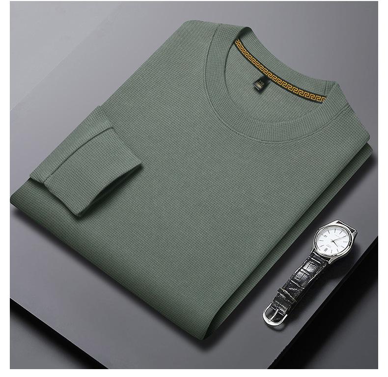 Men's Waffle Knit Long-Sleeve Hoodie - Solid Color Versatile Round Neck T-Shirt for Spring and Autumn