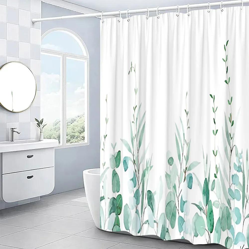 Leaves Shower Curtain Set Garden Plant Green Leaf Fresh Rustic Style Bathroom Decor Bath Curtain Polyester Fabric Washable Cloth