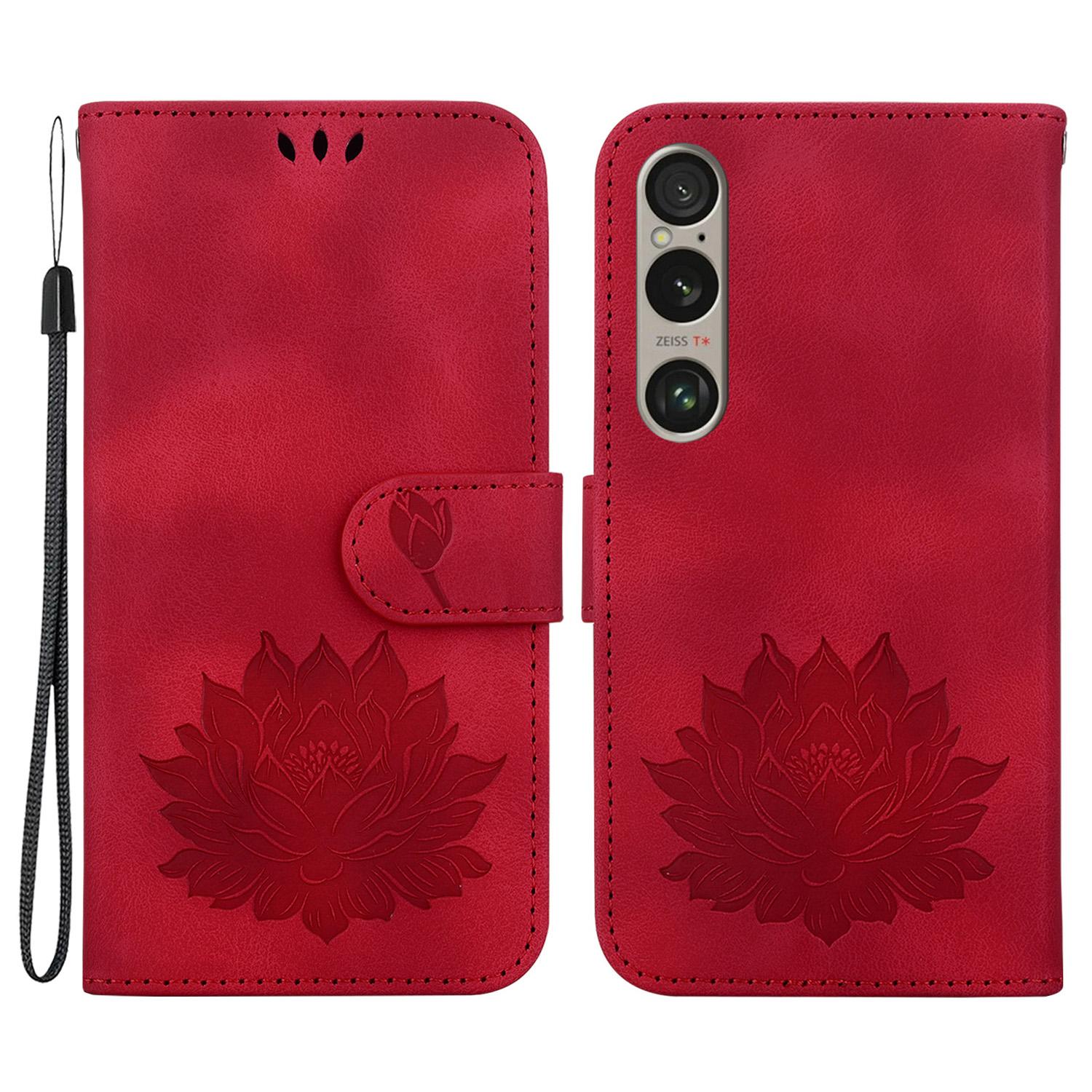 

For Sony Xperia 1 VI Case Folio Magnetic Clasp Leather Phone Cover Lotus Pattern Red