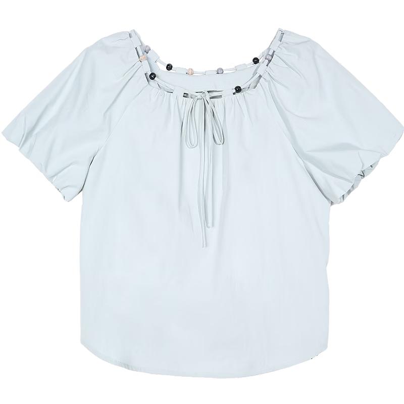 Baitu Women s Summer Beaded Tie-String Puff Sleeve Blouse S