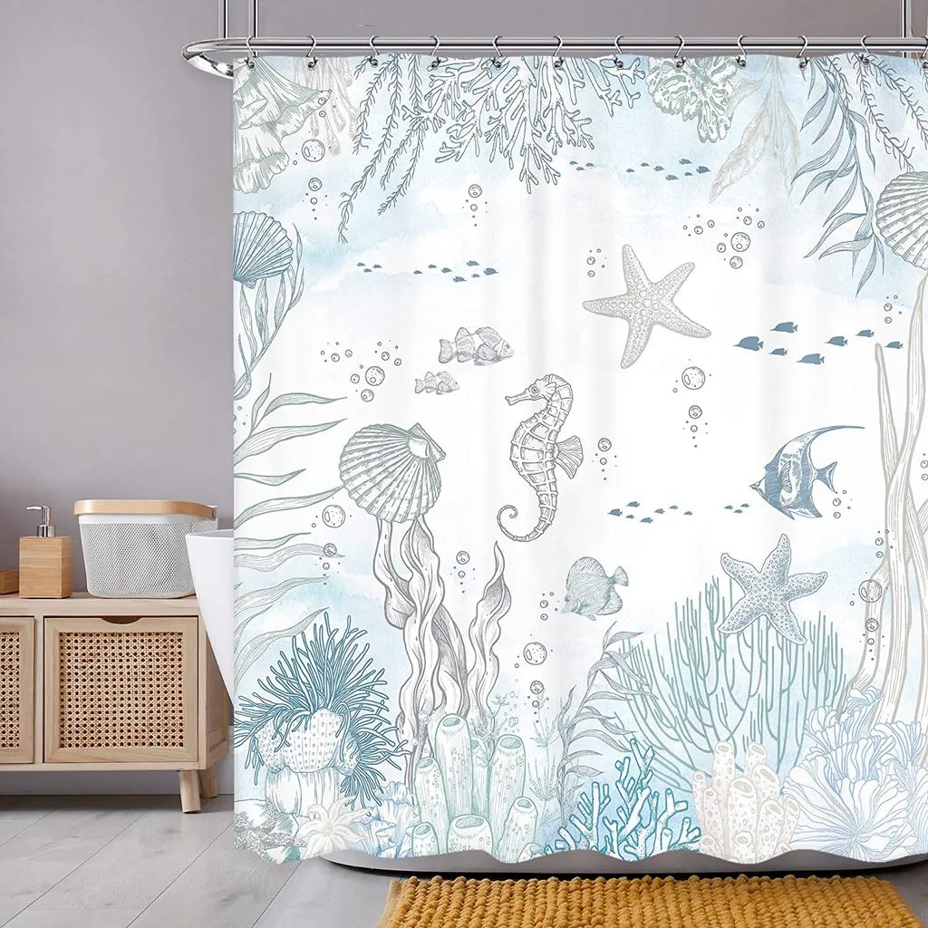 Mermaid Kids Shower Curtain Colourful Cartoon Sea Creatures Starfish Cute Girls Bathroom Decor Polyester Fabric Hanging Curtains