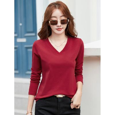 Jarní a podzimní nové dámské tričko s dlouhým rukávem, výstřih do V, žebrovaný jednobarevný top slim fit, 95% bavlna