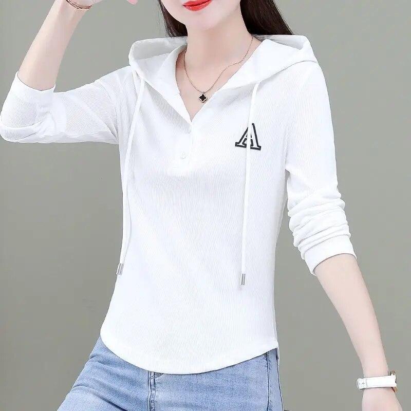 Spring and Summer Hooded Slim Long Sleeve Korean Version Spliced Pockets Solid Color Zipper Commute Fashion Causal T-shirt