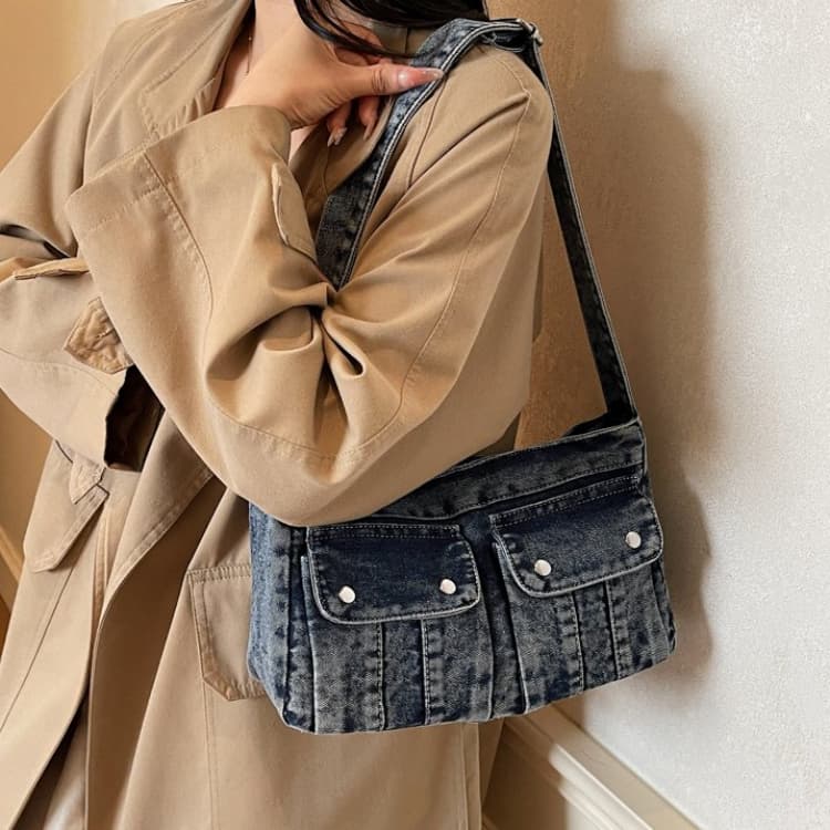 

Retro Multi-pocket Denim Bag Women s Shoulder Messenger Bag джинсовий синього кольору