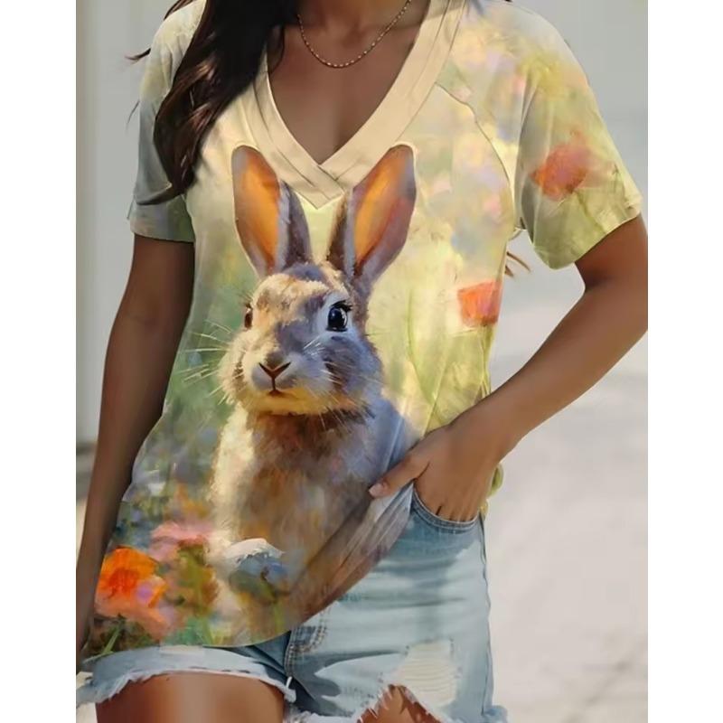 

Женская футболка 3D Кролик Летняя Уличная Мода V-образный вырез Короткий рукав Повседневная футболка 3D Принт Животного Большого размера Женская одежда XS