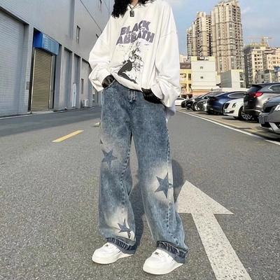 Übergroße ausgewaschene Sternmuster-Baggy-Jeans High Street Loose Straight Y2K Jeans Sommer Casual Street Hip Hop Damen Jeans