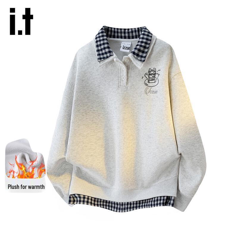 Izzueit Women's Cartoon Embroidered Fleece-Lined Color-Block Lapel Sweatshirt