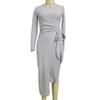 Women Fall Winter Knitted Solid Color Wrap Dress Hollow Out Lace Up Waist Round Neck Long Sleeve Irregular Hem Elastic
