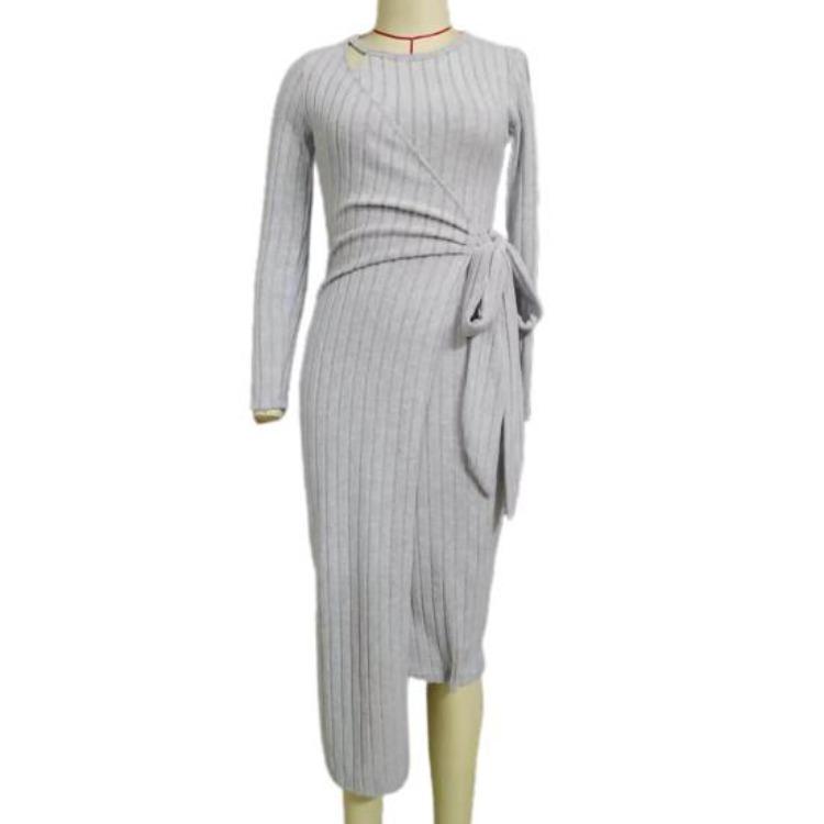 Women Fall Winter Knitted Solid Color Wrap Dress Hollow Out Lace Up Waist Round Neck Long Sleeve Irregular Hem Elastic