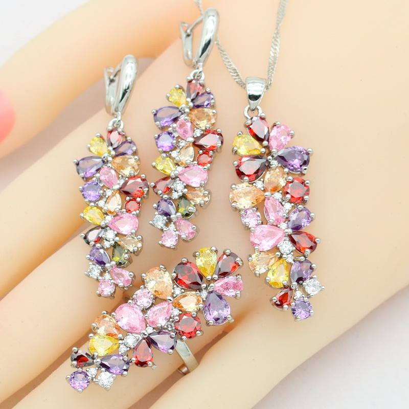 

Multi Color Zircon Stamp Women Jewelry Sets Bracelet Earrings Necklace Pendant Ring Wedding Party Birthday Gift 7