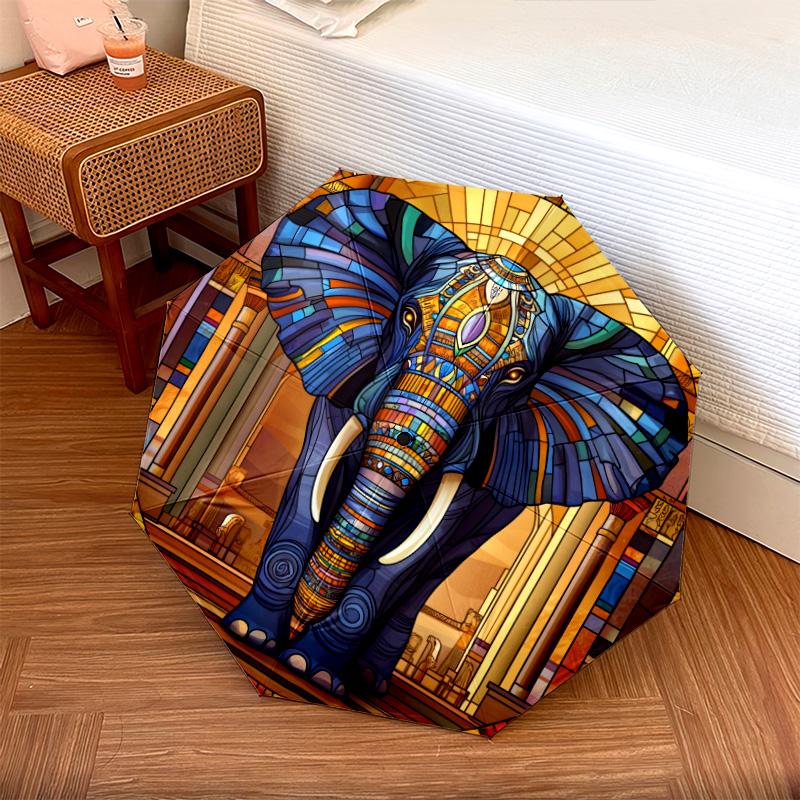 0106 Parasol automatycznie składany, wzór Słoń w oknie szklanym, przenośny i składany design, 8 żeber, prezent na Boże Narodzenie lub urodziny.