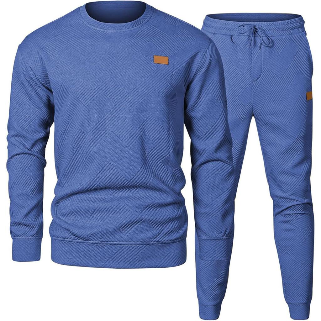 Men's Autumn Winter Solid Color Striped Long Sleeve Round Neck Sweatshirt Trousers Suit