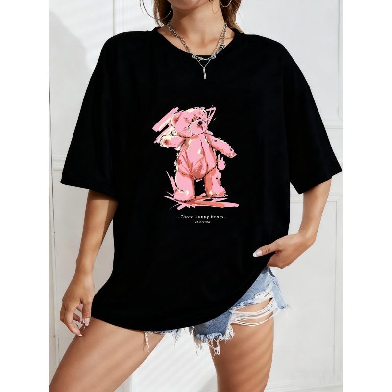 

White Oversized T Shirt With Pink Bear Print And Happy Text For Casual Wear XXXXL чёрный