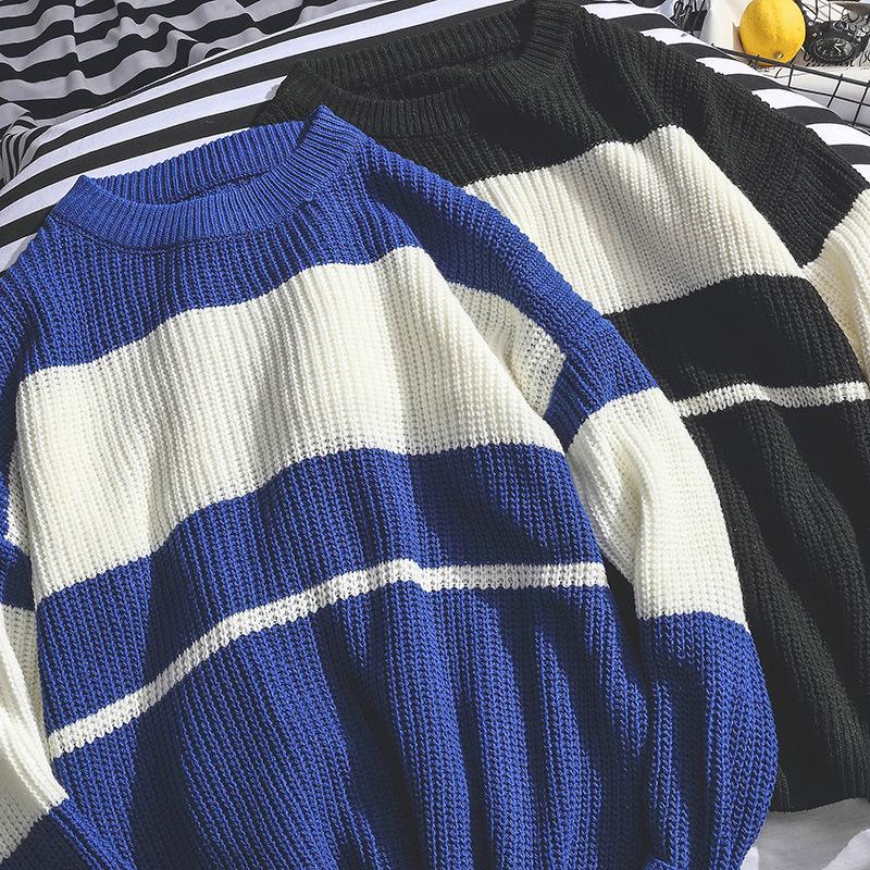 Tröja Herr Rundhals Ny Hongkong-stil Randig Lös Koreansk Casual Stickad Tröja Fladdermusärm Pullover