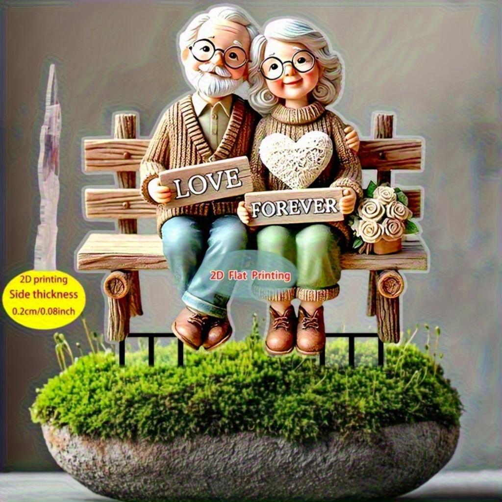 2D Romantic Grandparents on Bench Garden Stake Decor for Lawn Planter Patio, Ideal Festival & Elderly Gift, Perfect Garden Ornament