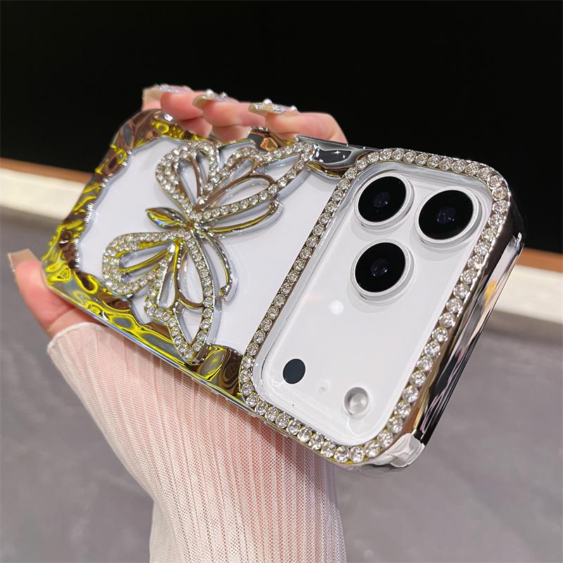 Luxusní pozlacený třpytivý diamantový dutý motýlí kryt na telefon pro IPhone 17 Air 16 15 14 Plus 13 12 11 Pro Max Nárazuvzdorný TPU kryt
