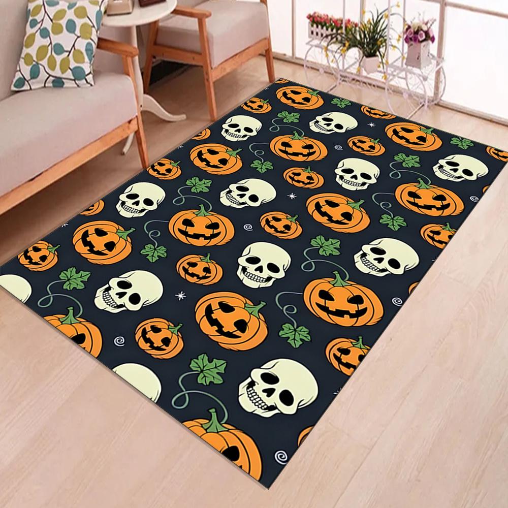 Halloween Themed Crystal Velvet Area Rug - Large Polyester Skull and Pumpkin Pattern Floor Mat for Living Room, Bedroom, Game Ro