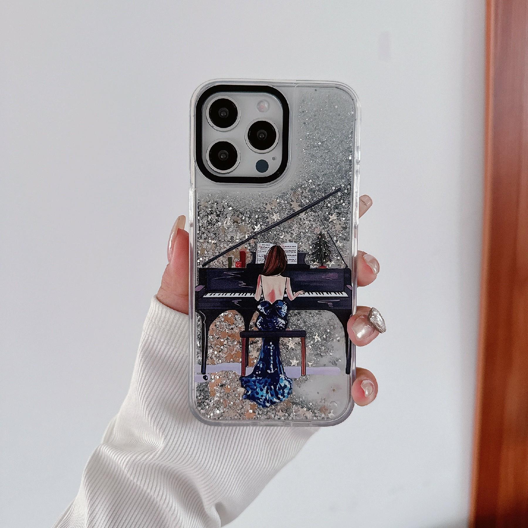 

For iPhone 15 Pro Case Pattern Print Glitter Sequins Quicksand PC+TPU Phone Cover Girl