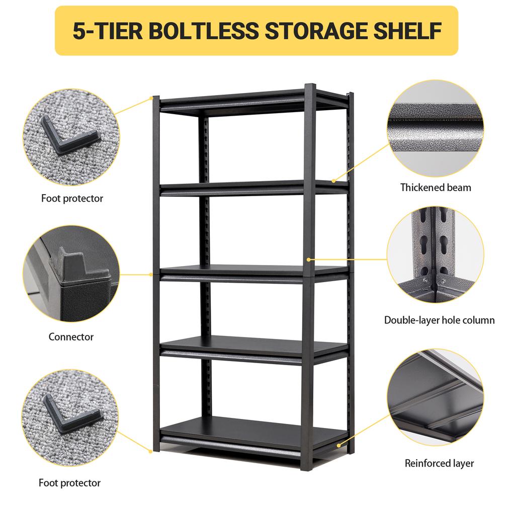 5-Tier Metal Shelf 650kg Load Capacity, Heavy-Duty Shelf Made of Steel, Height-Adjustable for Garage, Storage & Household, H160cm × B80cm × T40cm