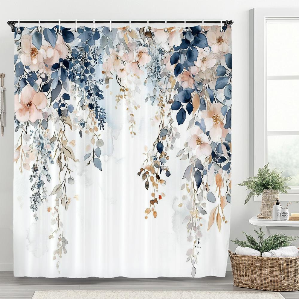 Beautiful Flowers Shower Curtain for Bathroom Blue Floral Romantic Wildflower Plants Nature Scenery Home Decor Curtain with Hook