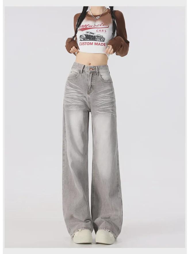 Women's Gray Corrugated Wide-Leg Jeans - 2024 Autumn Lazy Street Style
