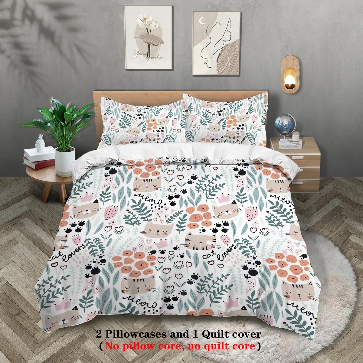 

3pcs cartoon cute cat and plants pattern printed bedding set, 1*duvet cover+2*pillowcase, suitable for girls bedroom, queen bed EU Twin(135x200cm)