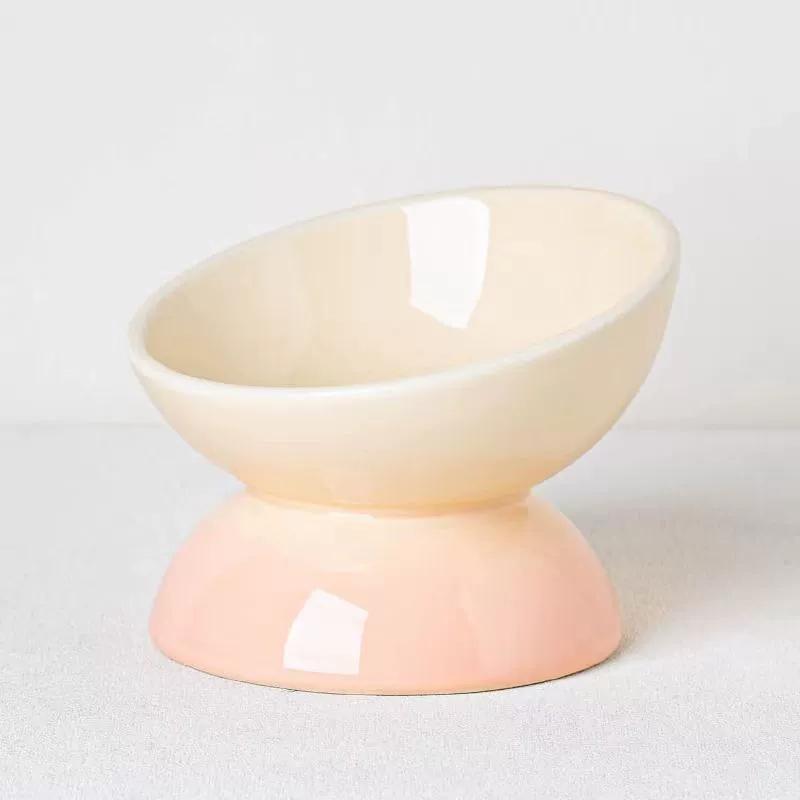 Gradient Color Elevated Ceramic Cat Bowl, Slanted Neck Protection Pet Food Bowl, Cute Raised Cat Bowl for Cats Dogs