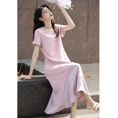 Robe longue maxi fendue à col rond style français pour femme