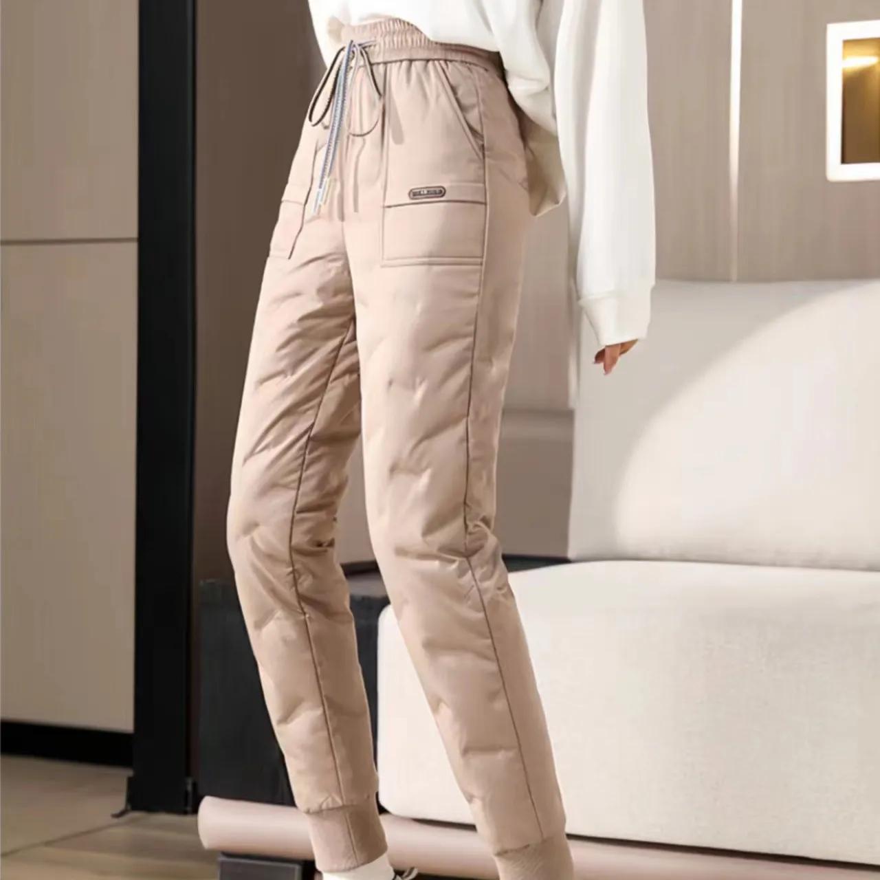 

Женские осенние и зимние теплые пуховые брюки, легкие теплые брюки больших размеров, свободные повседневные теплые брюки в клетку со шнуровкой S кофейный