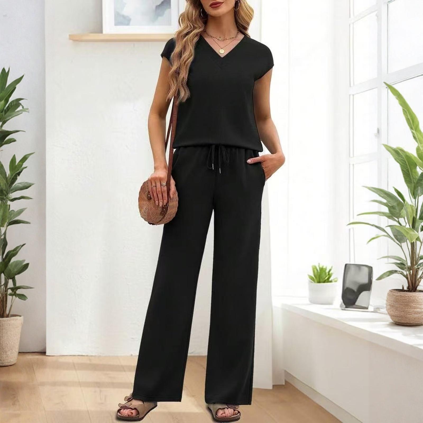 

Fashionable Women s Loose V-neck Short Sleeved Top, Loose Casual Wide Leg Pants Set XXL чёрный