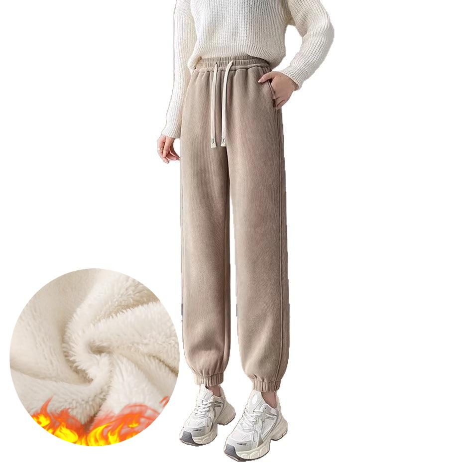 Fleece-Lined Lambswool Cuffed Sports Pants - 2026 Autumn/Winter Warm Windproof Slim Fit Cotton Pants