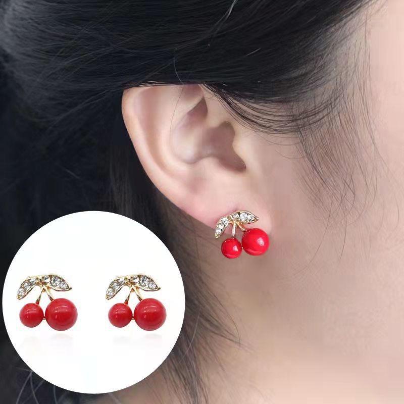 Small summer cute cherry stud earrings women's simple temperament earrings high-end sense niche design versatile earrings