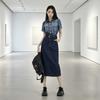 Denim Dress With Gradient Color And Polo Collar For Summer Casuals