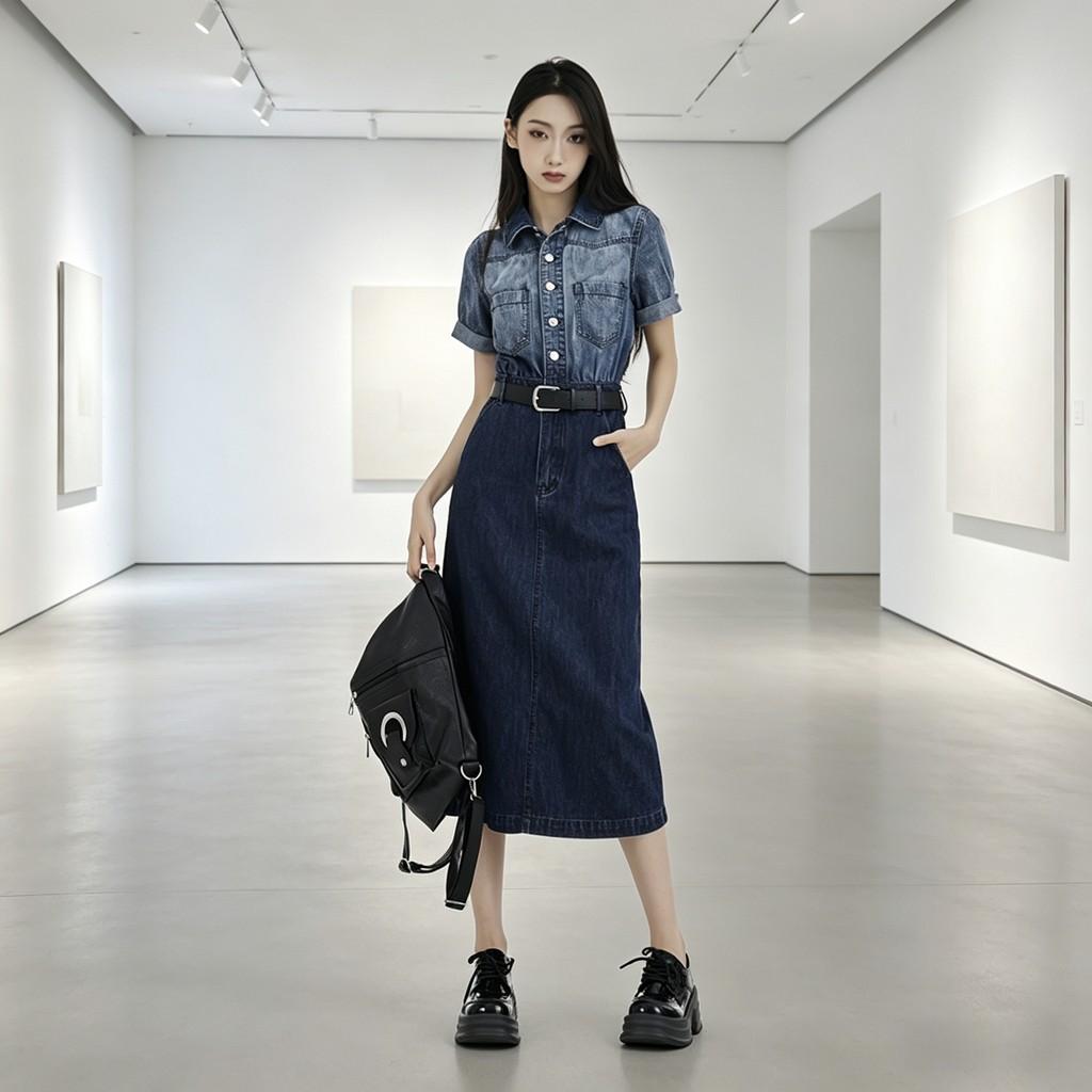 Denim Dress With Gradient Color And Polo Collar For Summer Casuals