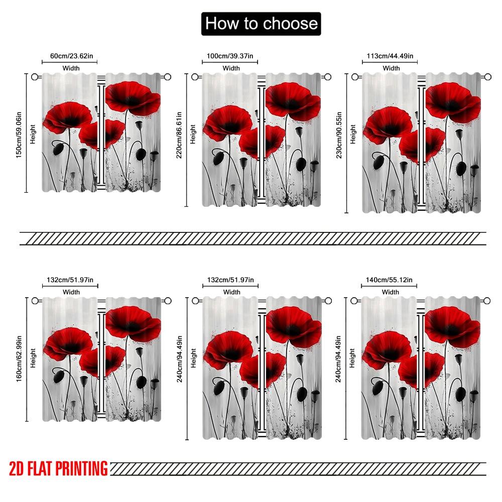 2 Stück, 2D-Flachdruck Vorhangstoff Mohn-Trio Polyestergewebe (ohne Stange) Außendekorationen Perfekt für Wohnzimmer,